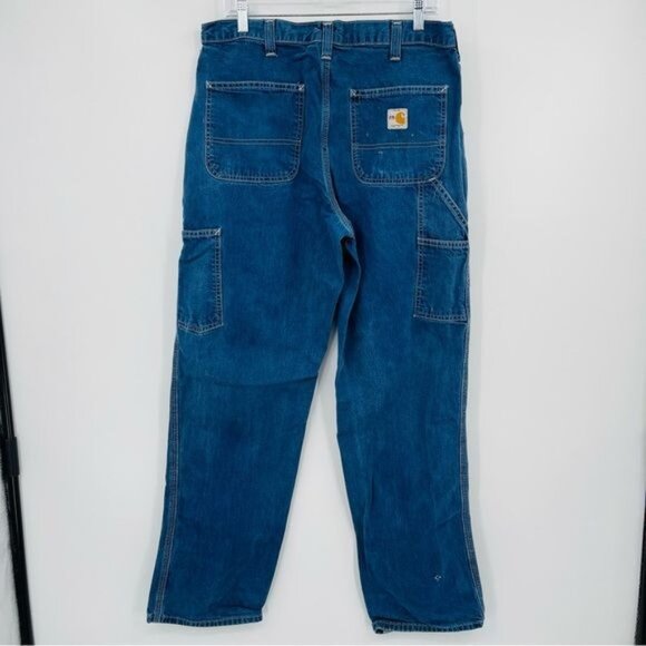 Carhartt Fire Resistant Carpenter Jeans Mens 34 Blue Workwear‎ Stained Rigid - Picture 2 of 11